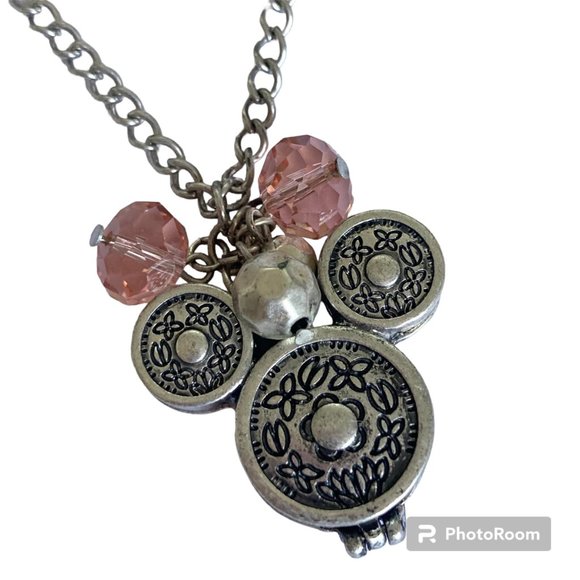 Vintage Disney Hidden Mickey Mouse Ears Locket Necklace Silver Tone Pink 30" - Picture 2 of 14